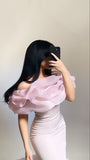 Gentle Pink Mermaid Off the Shoulder Organza Satin Prom Dress Party Dress with Slit HZ1023