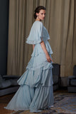 Gentle Baby Blue A Line Strapless Layered Chiffon Prom Dress Evening Dress with Cape HZ1023