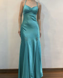 Vintage Mermaid Halter Appliques Blue Satin Chiffon Open Back Party Dress Evening Dress HZ1023