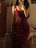 Stunning Sheath Spaghetti Strap Burgundy Sequin Prom Dress 18th Birthday Dress HZ1023