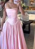 Pink A Line Spaghetti Straps Appliques Satin Long Prom Dress Evening Dress HZ1023