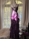 Purple Sheath Strapless Appliques Tiered Chiffon Long Prom Dress Evening Dress HZ1023