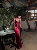 Elegant Spaghetti Straps Burgundy Satin Long Prom Dress Evening Dress HZ1023