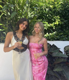 Spaghetti Straps Floral Pink Long Prom Dress Sexy Backless Party Dress HZ1023