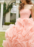 Elegant Light Pink Strapless Flower Tulle Long Ball Gown Prom Dress HZ1023