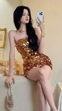 Sexy Sheath Strapless Gold Sequin Short Homecoming Dress Cocktail Dress HZ1023