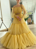 Yellow round neck tulle beads long prom dress, yellow evening dress HZ1023