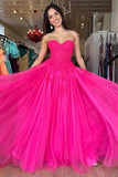 A Line Sweetheart Neck Hot Pink Tulle Lace Long Prom Dress HZ1023