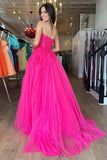 A Line Sweetheart Neck Hot Pink Tulle Lace Long Prom Dress HZ1023