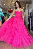 A Line Sweetheart Neck Hot Pink Tulle Lace Long Prom Dress HZ1023