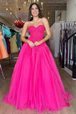 A Line Sweetheart Neck Hot Pink Tulle Lace Long Prom Dress HZ1023