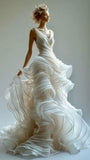Charming A Line V Neck Ruffle Ivory Tulle Prom Dress Graduation Prom Dress HZ1023