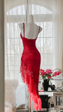 Sexy Sheath Spaghetti Strap Red Lace Chiffon Party Dress Evening Dress HZ1023