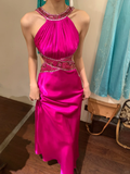 Vintage Mermaid Halter Beaded Sequin Pink Satin Long Open Back Party Dress Cocktail Dress HZ1023