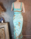 Gorgeous Sheath Strap Appliques Sequin Beaded Blue Satin Prom Dress Evening Dress HZ1023