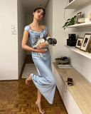 Gentle Sheath Straps Blue Satin Long Evening Dress Party Dresses HZ1023