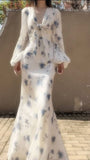 Elegant Mermaid Long Sleeve Blue Floral Chiffon Prom Dress Party Dress Outfits HZ1023