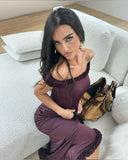 Unique Sheath Off the Shoulder Satin Long Prom Dress Evening Dress with Slit HZ1023