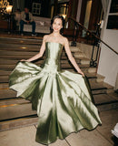 Gentle Mermaid Strapless Sage Green Pleated Satin Long Party Dress Evening Dress HZ1023