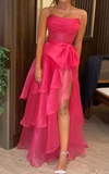 Sweet Pink Bow Tulle Tiered Slit Party Dress Long Evening Dress HZ1023