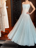 Romantic Blue A Line Strapless Sequin Tulle Long Prom Dress Gown Dress HZ1023