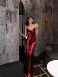 Simple Burgundy Sheath Spaghetti Strap Satin Party Dress Evening Dress HZ1023