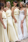 Yellow A Line Halter Satin Open Back Long Prom Dress Bridesmaid Dress HZ1023
