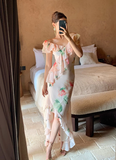 Light Pink Mermaid V Neck Print Floral Ruffle Chiffon Summer Dress Party Dress Outfits with Slit HZ1023