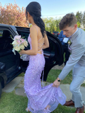 Purple Tulle Lace Appliques Mermaid Prom Dress Backless Long Evening Dress HZ1023