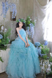 Princess Ball Gown Strapless Tiered Flower Blue Tulle Party Dress Birthday Dress HZ1023