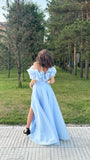Princess Blue A Line Off the Shoulder Organza Prom Dress 16th Birthday Dress Date Dress with Slit HZ1023