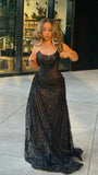 Sexy Black Lace Sequin Slit Long Prom Dress Mermaid Evening Dress HZ1023