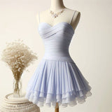 Baby Blue Simple A Line Spaghetti Strap Layered Pleated Chiffon Homecoming Dress Party Dress HZ1023