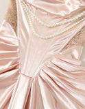 Stunning Sheath Off the Shoulder Pearl Pink Lace Satin Prom Dress Wedding Guest Dress HZ1023