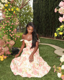 Elegant A Line Spaghetti Strap Print Floral Satin Prom Dress Evening Dress HZ1023