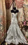 Vintage Silver Mermaid Strapless Pleated Beaded Satin Long Prom Dress Evening Dress HZ1023