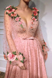 3D Flowers Long Sleeve Pink Prom Dresses Pearl Beaded V Neck Formal Dress HZ1023