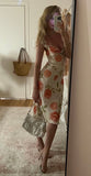 Gentle Sheath Straps Printed Floral Chiffon Tea Length Vacation Dress Outfits HZ1023