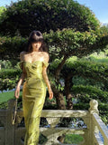 Elegant Sheath Straps Print Flower Green Satin Party Dress Evening Dress HZ1023