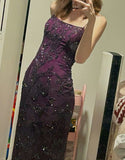 Retro Exquisite Sheath Spaghetti Strap Beaded Purple Satin Long Party Dress Evening Dress Date Dress HZ1023