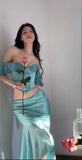Gentle Mermaid Off the Shoulder Two Piece Chiffon Satin Party Dress Evening Dress HZ1023