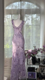 Gentle Retro Mermaid Straps Print Floral Purple Satin Prom Dress Formal Dress HZ1023