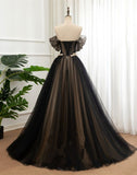 Black A Line Off the Shoulder Applique Tulle Long Formal Dress Prom Dress HZ1023