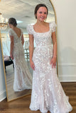Ivory Square Neck Puff Sleeves Appliques Tulle Long Prom Dress HZ1023