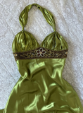 Vintage Sheath Halter Beaded Green Satin Open Back Prom Dress Graduation Prom Dress HZ1023