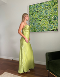 Simple Sheath Spaghetti Strap Green Satin Long Prom Dress Graduation Prom Dress HZ1023