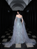 Shiny Exquisite Beaded A Line Off the Shoulder Grey Tulle Long Evening Dress Ball Gown HZ1023