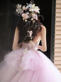 Gentle A Line Strapless Rhinestone Purple Tulle Party Dress Evening Dress HZ1023