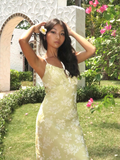 Cute Yellow A Line Spaghetti Strap Print Floral Satin Prom Dress Wedding Guest Dress HZ1023