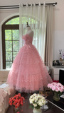 Cute A Line Sweetheart Neck Pink Layered Lace Tulle Long Party Dress Birthday Dress HZ1023